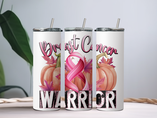 Pumpkin Breast Cancer Warrior 20oz Tumbler – Fall Pink Ribbon Awareness Cup for Strong Fighters & Survivors