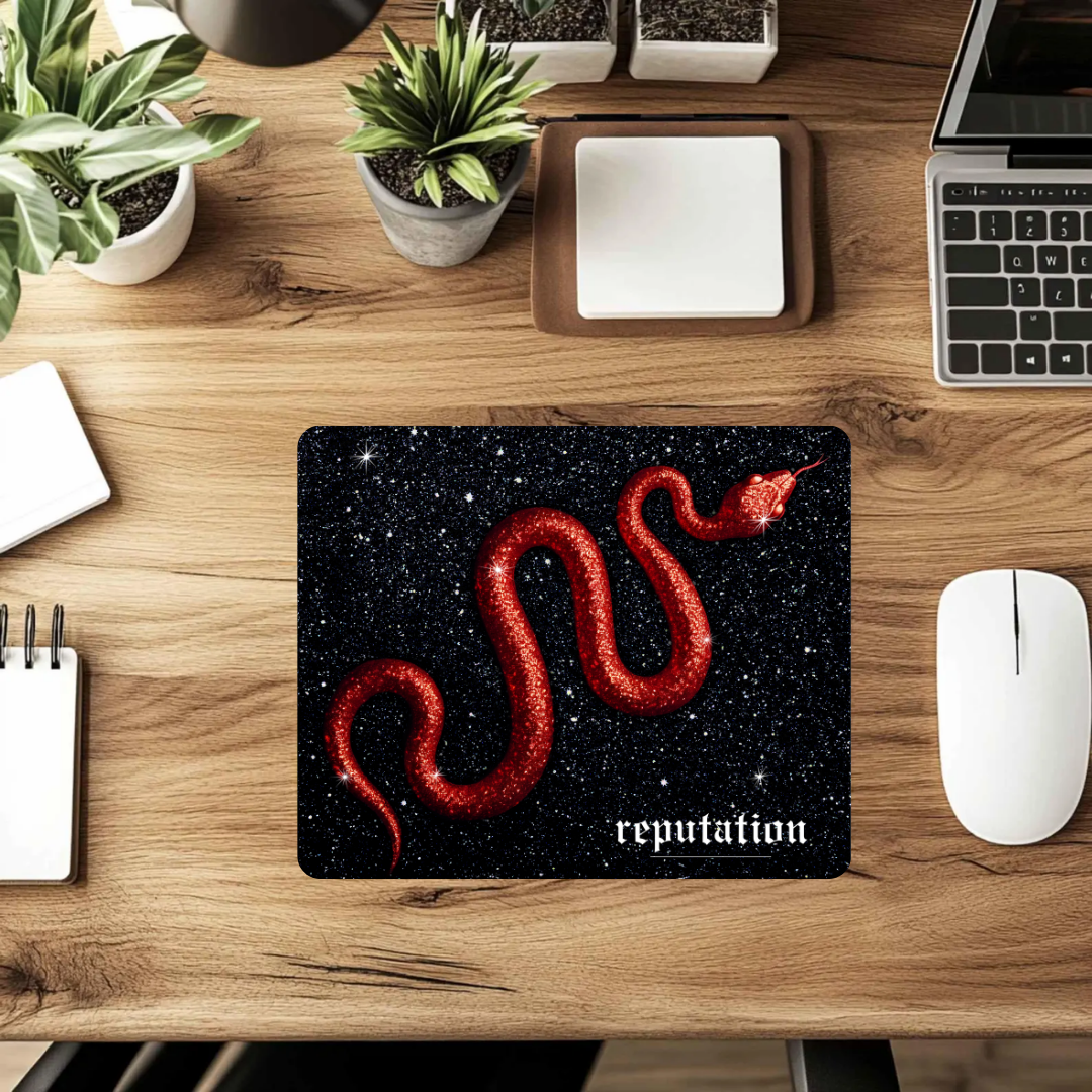 Red Sparkle Snake Mousepad – Gothic Text & Starry Black Background