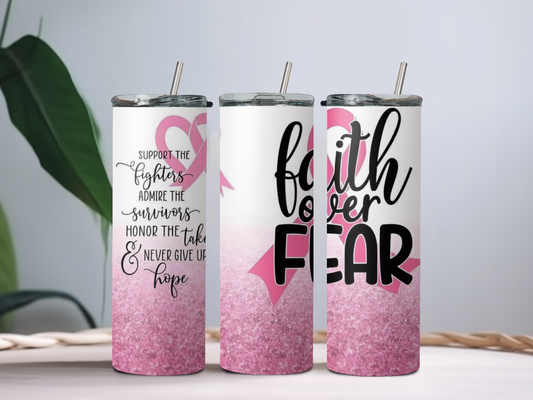 Faith Over Fear Breast Cancer 20oz Tumbler – Pink Ribbon Inspirational Cup for Awareness & Support