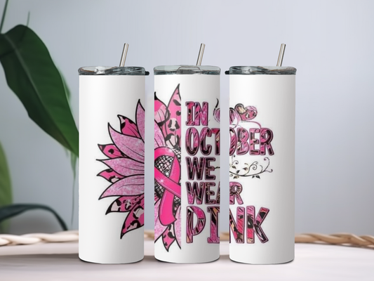 In October We Wear Pink 20oz Tumbler – Fall Breast Cancer Awareness Cup for Fighters, Survivors & Supporters