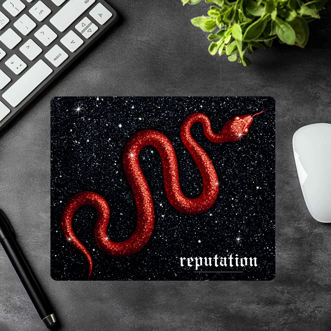 Red Sparkle Snake Mousepad – Gothic Text & Starry Black Background