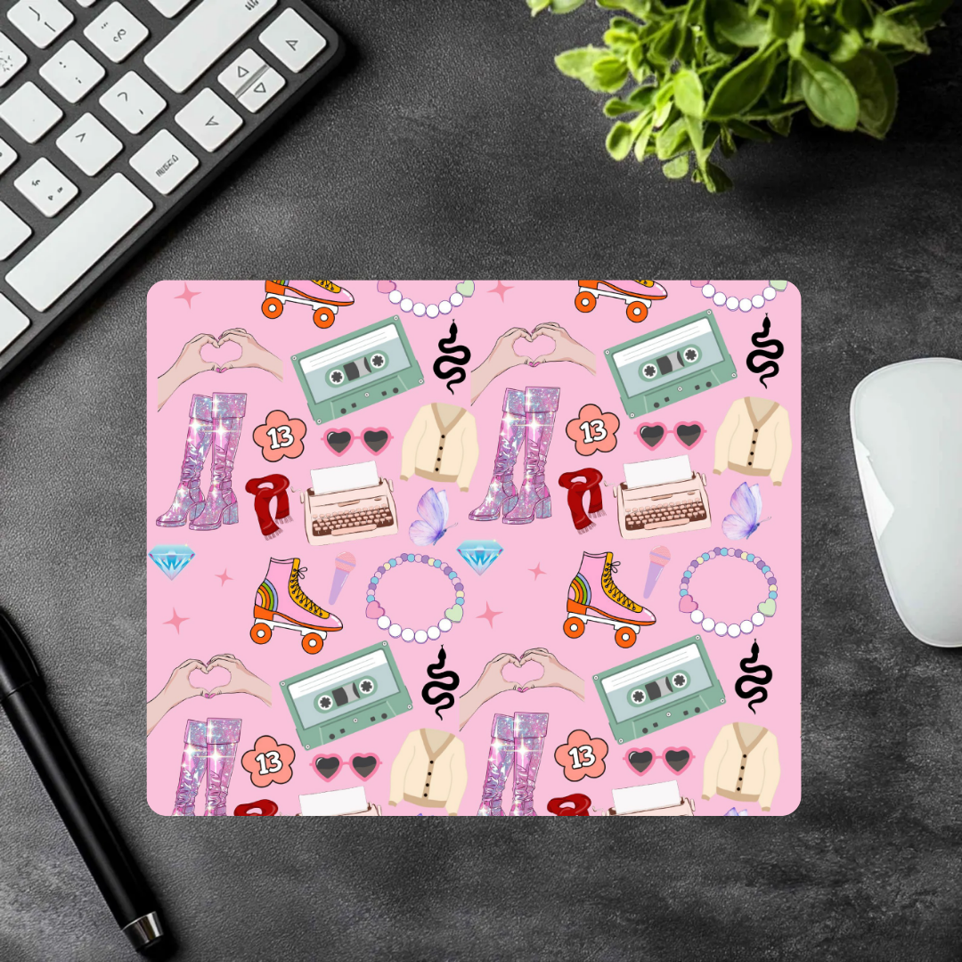 Era-Inspired Desk Mousepad – Pink Aesthetic Pop Icon Symbols