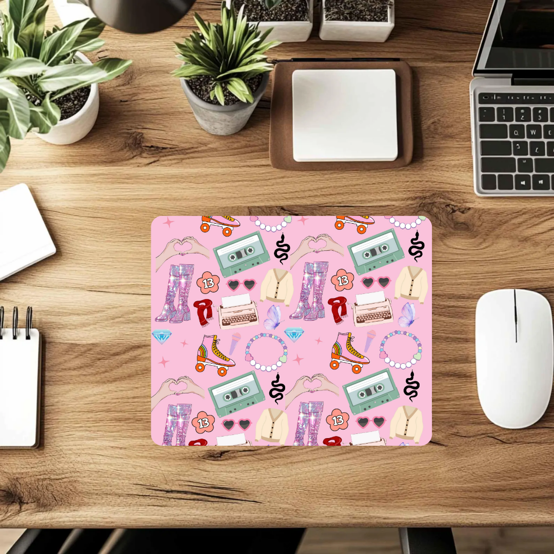 Era-Inspired Desk Mousepad – Pink Aesthetic Pop Icon Symbols
